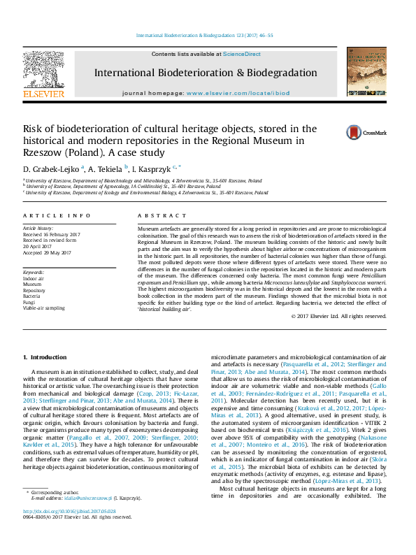 (PDF) Risk of biodeterioration of cultural heritage objects, stored in ...