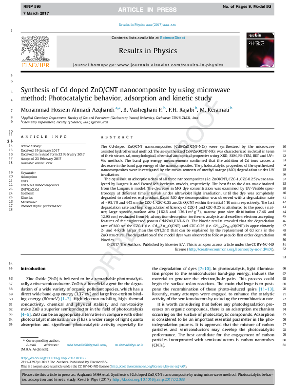 (PDF) Synthesis of Cd doped ZnO/CNT nanocomposite by using microwave ...