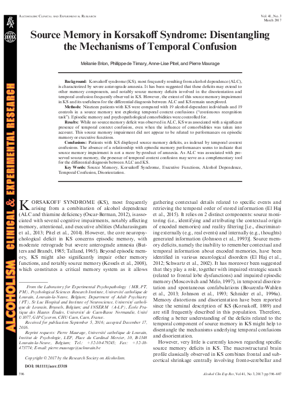 (PDF) Source Memory in Korsakoff Syndrome: Disentangling the Mechanisms ...