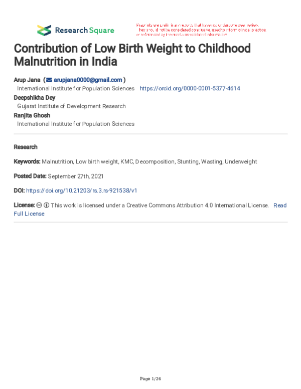 (PDF) Contribution of Low Birth Weight to Childhood Malnutrition in India