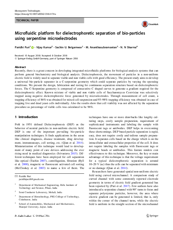 (PDF) Microfluidic platform for dielectrophoretic separation of bio ...