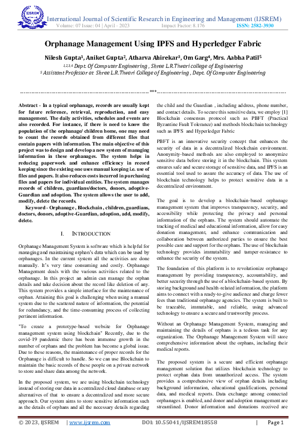 (PDF) Orphanage Management Using IPFS and Hyperledger Fabric