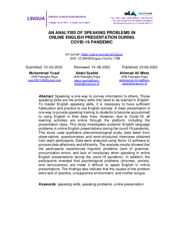 (PDF) An ANALYSIS OF SPEAKING PROBLEMS IN ONLINE ENGLISH PRESENTATION ...