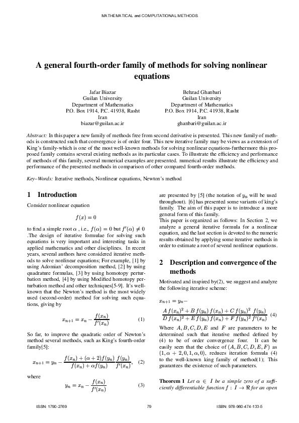 (PDF) A general fourth-order family of methods for solving nonlinear ...