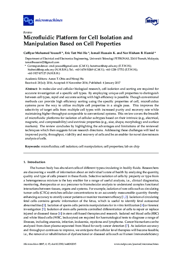 (PDF) Microfluidic Platform for Cell Isolation and Manipulation Based ...