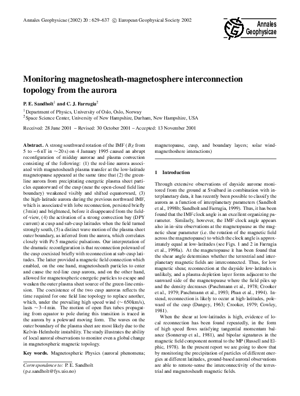 (PDF) Monitoring magnetosheath-magnetosphere interconnection topology ...