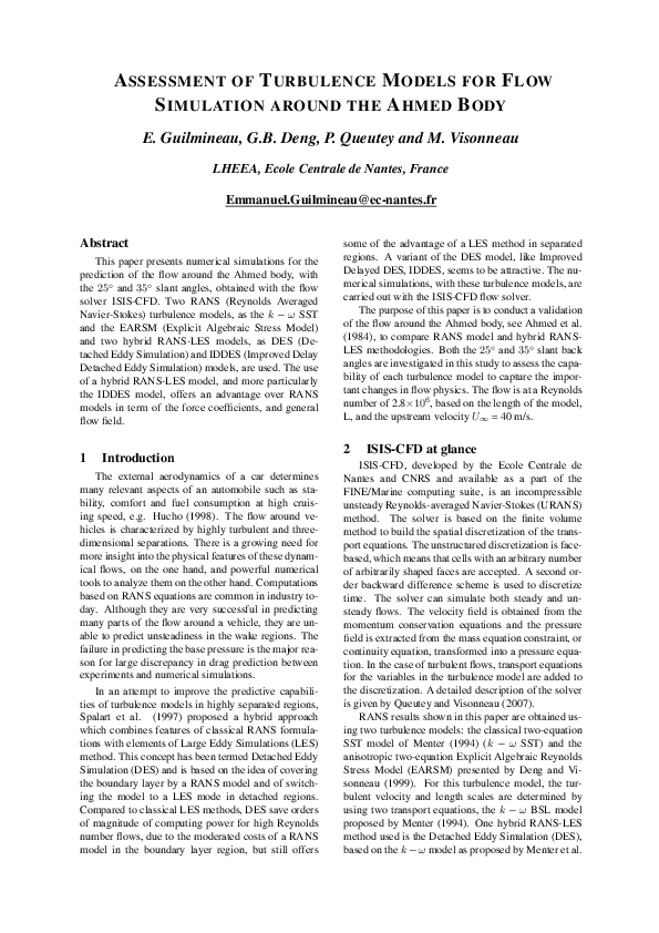(PDF) Assessment of Turbulence Models for Flow Simulation Around the ...