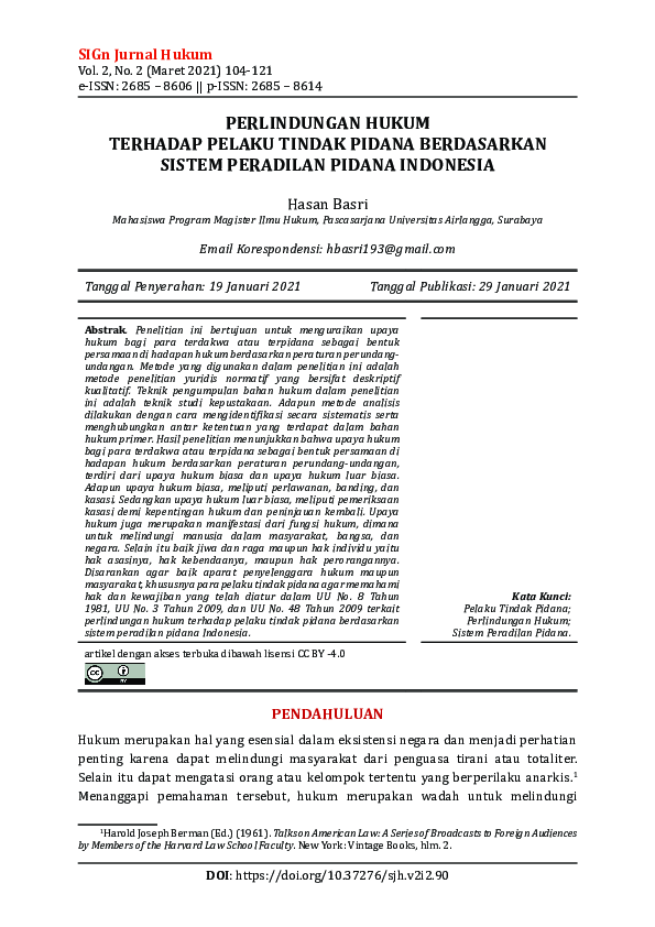 (PDF) Perlindungan Hukum Terhadap Pelaku Tindak Pidana Berdasarkan ...