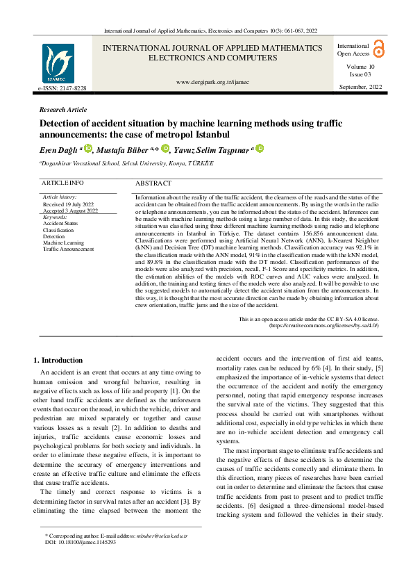 (PDF) Detection of accident situation by machine learning methods using ...