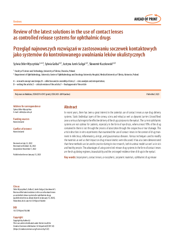 (PDF) Review of the latest solutions in the use of contact lenses as ...