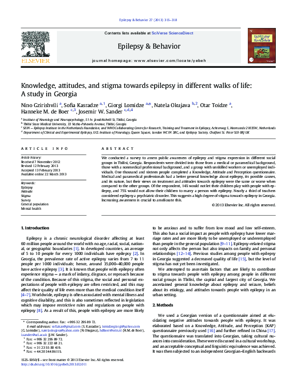 (PDF) Knowledge, attitudes, and stigma towards epilepsy in different ...
