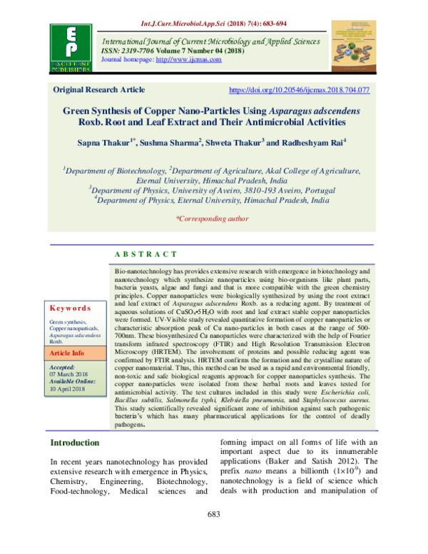 (PDF) Green synthesis of copper nanoparticles using aqueous extract of ...