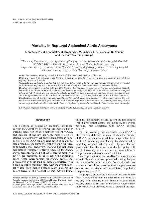 (PDF) Mortality in Ruptured Abdominal Aortic Aneurysms
