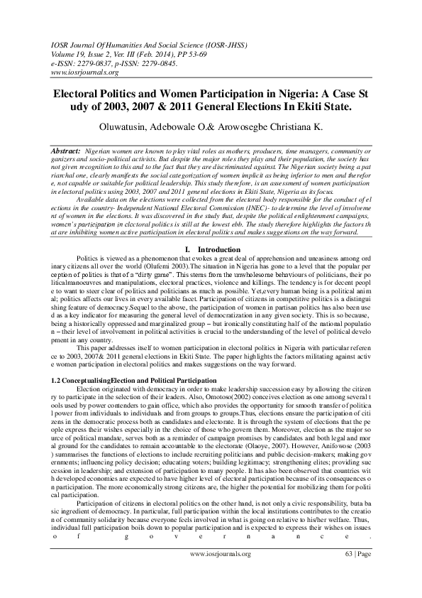 (PDF) Electoral Politics and Women Participation in Nigeria: A Case St ...
