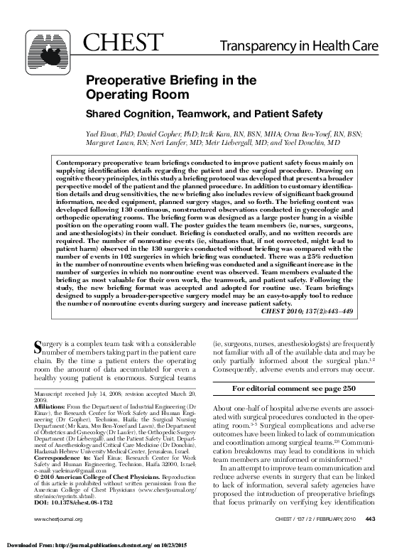 (PDF) Preoperative Briefing in the Operating Room