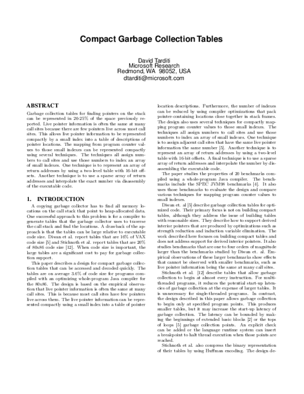 (PDF) Compact garbage collection tables David Tarditi Academia.edu