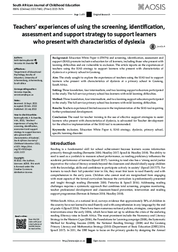 (PDF) Teachers’ experiences of using the screening, identification ...