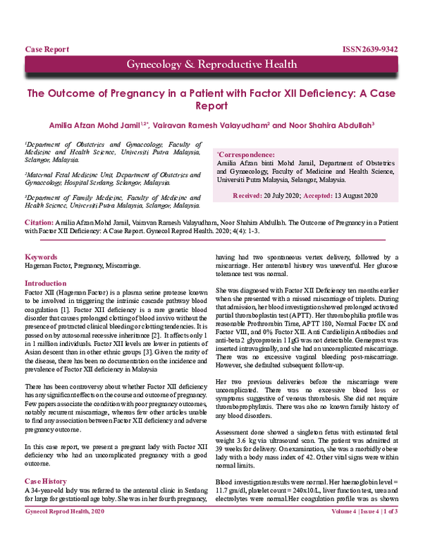(PDF) The Outcome of Pregnancy in a Patient with Factor XII Deficiency ...