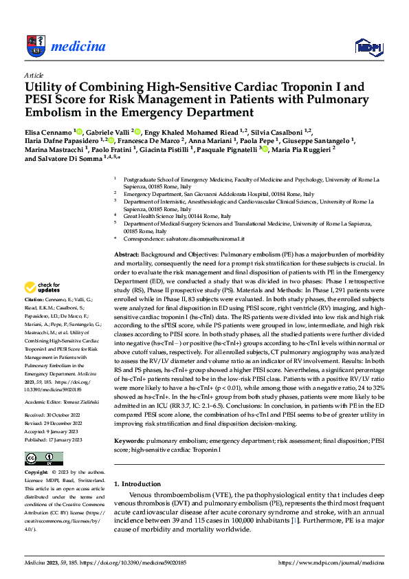 (PDF) Utility of Combining High-Sensitive Cardiac Troponin I and PESI ...
