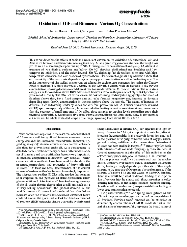 (PDF) Oxidation of Oils and Bitumen at Various O2 Concentrations