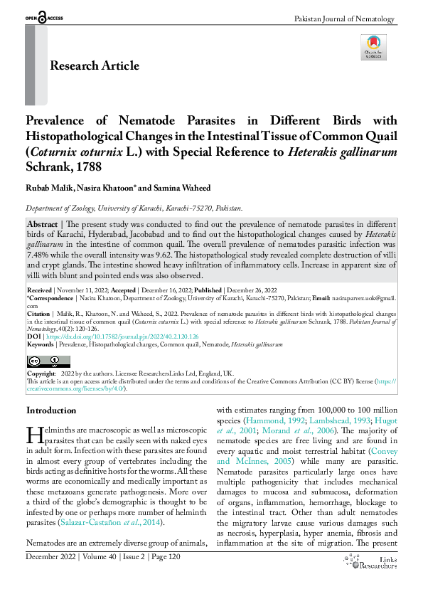 (PDF) Prevalence of Nematode Parasites in Different Birds with ...