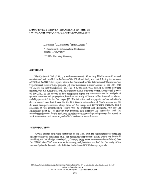 (PDF) Inductively driven transients in the CS Insert Coil (II): Quench ...