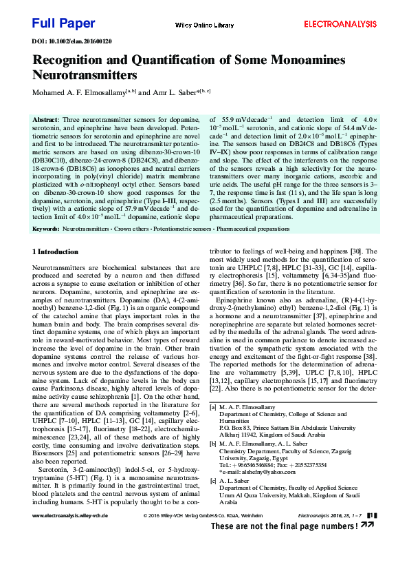(PDF) Recognition and Quantification of Some Monoamines Neurotransmitters