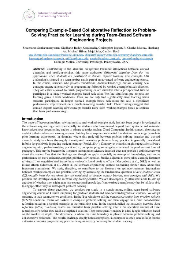 (PDF) Comparing Example-Based Collaborative Reflection to Problem ...
