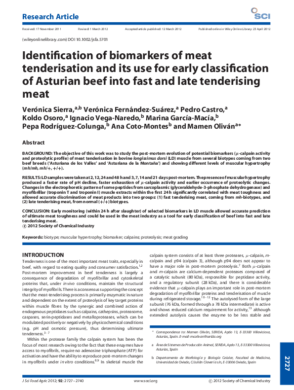 (PDF) Identification of biomarkers of meat tenderisation and its use ...