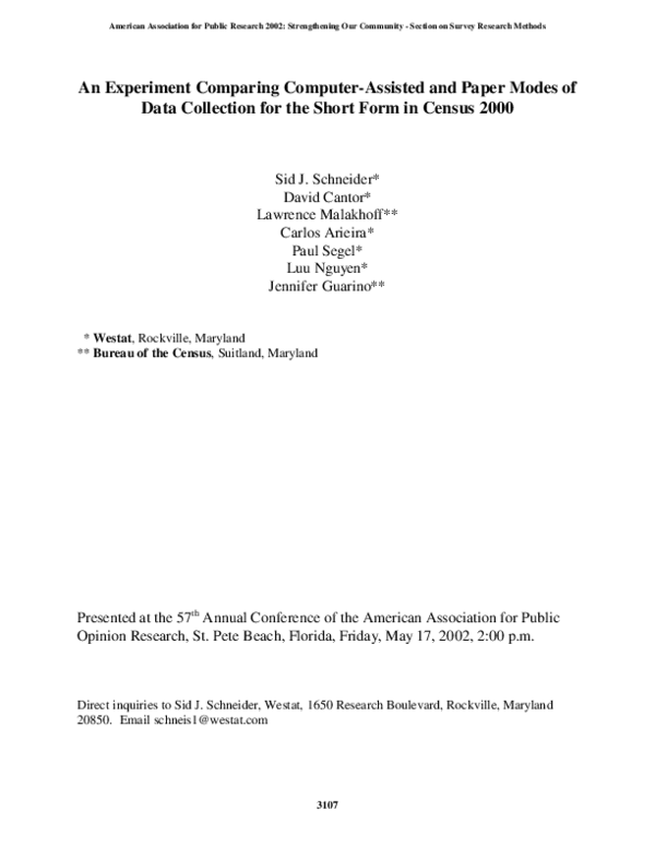 (PDF) An Experiment Comparing Computer-Assisted and Paper Modes of Data ...