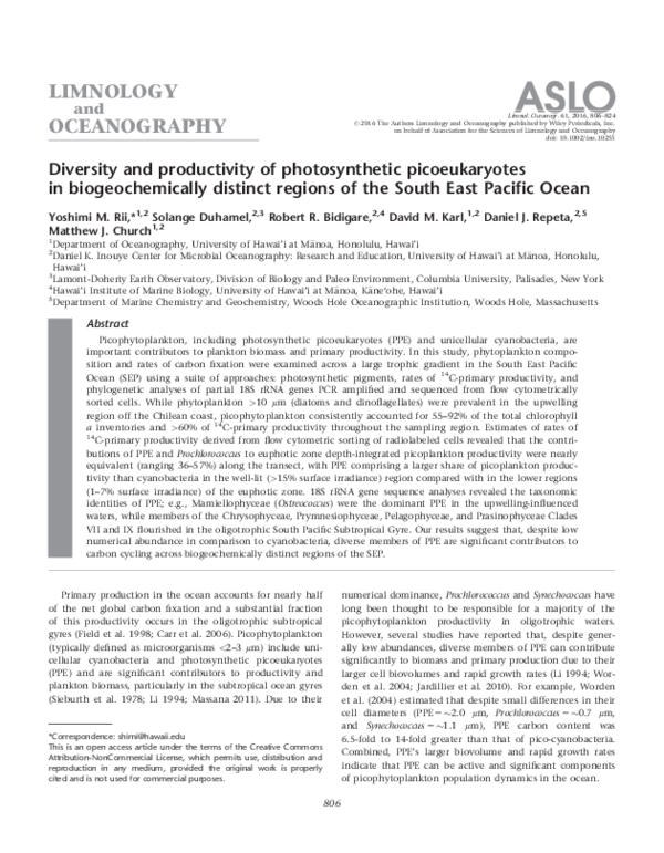 (PDF) Diversity and productivity of photosynthetic picoeukaryotes in ...