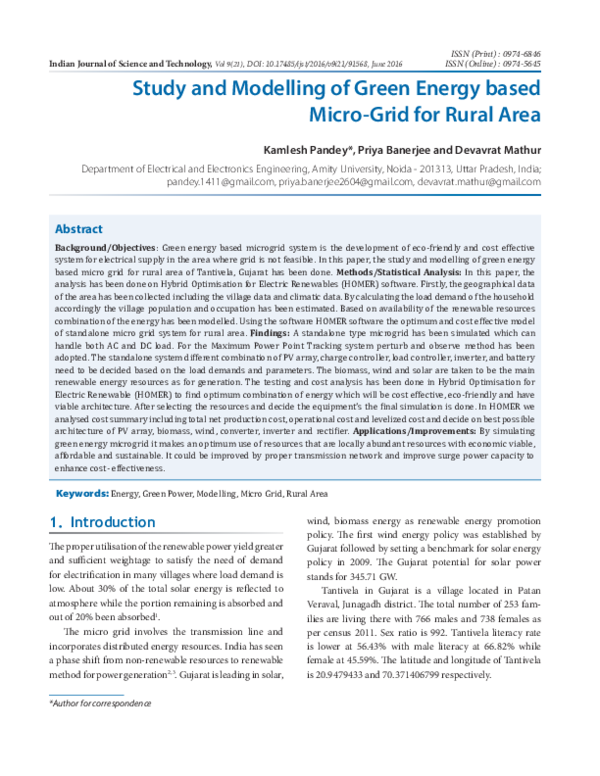 (PDF) Study and Modelling of Green Energy based Micro-Grid for Rural Area