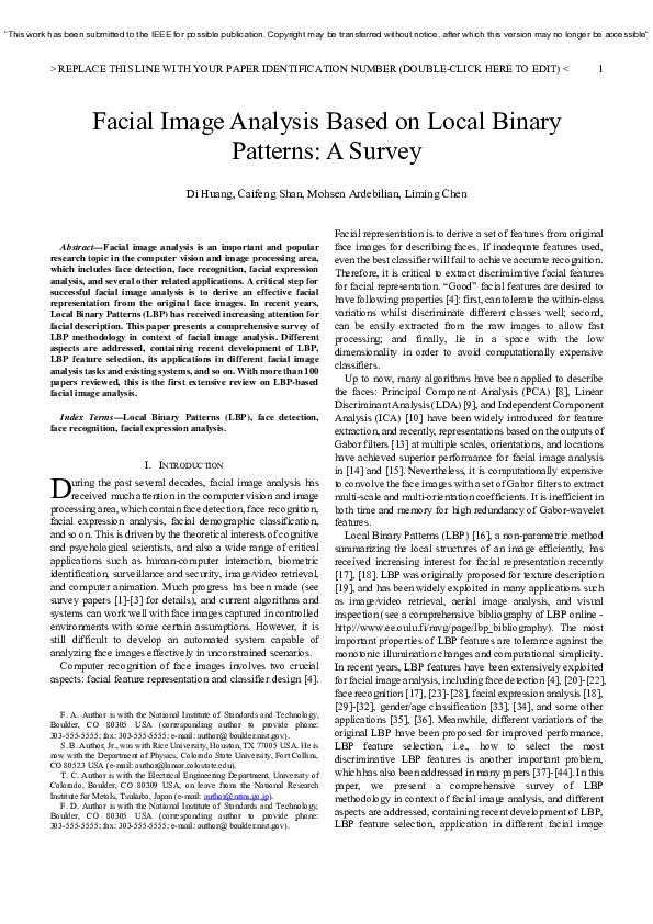 (PDF) Facial Image Analysis Based on Local Binary Patterns: A Survey
