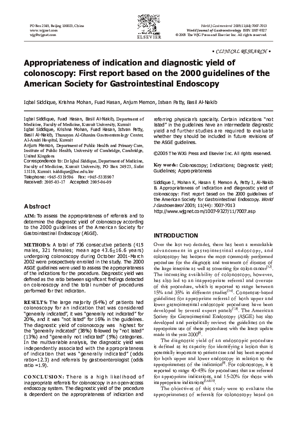(PDF) Appropriateness of indication and diagnostic yield of colonoscopy ...