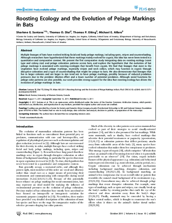 (PDF) Roosting Ecology and the Evolution of Pelage Markings in Bats