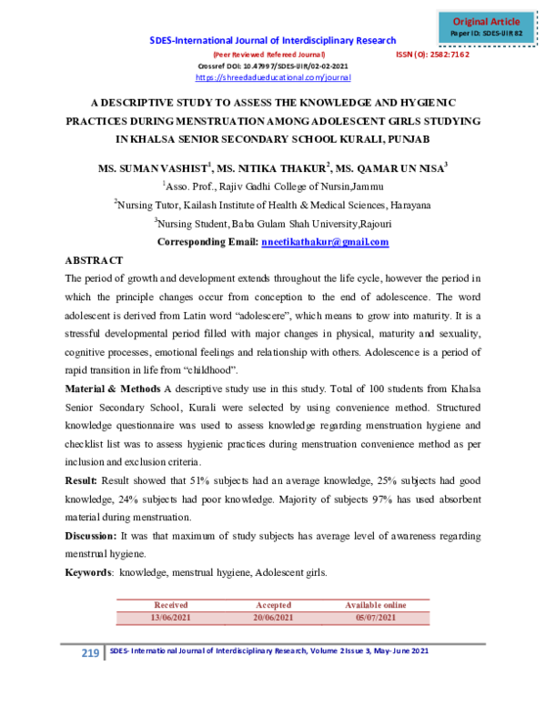 (PDF) A Descriptive Study to Assess the Knowledge and Hygienic ...