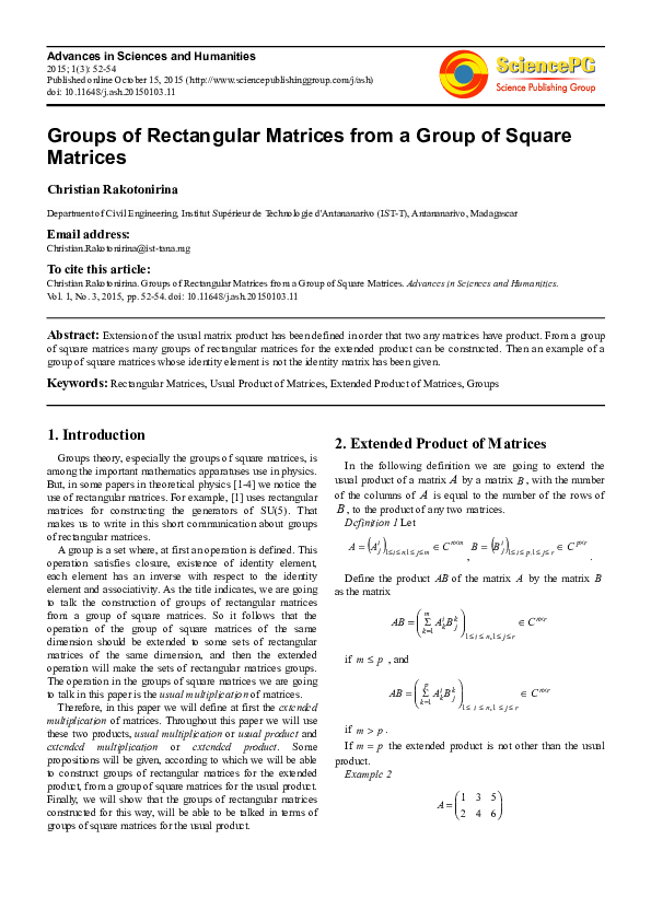 (PDF) Groups of Rectangular Matrices from a Group of Square Matrices ...