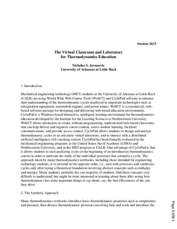 (PDF) The Virtual Classroom And Laboratory For Thermodynamics Education