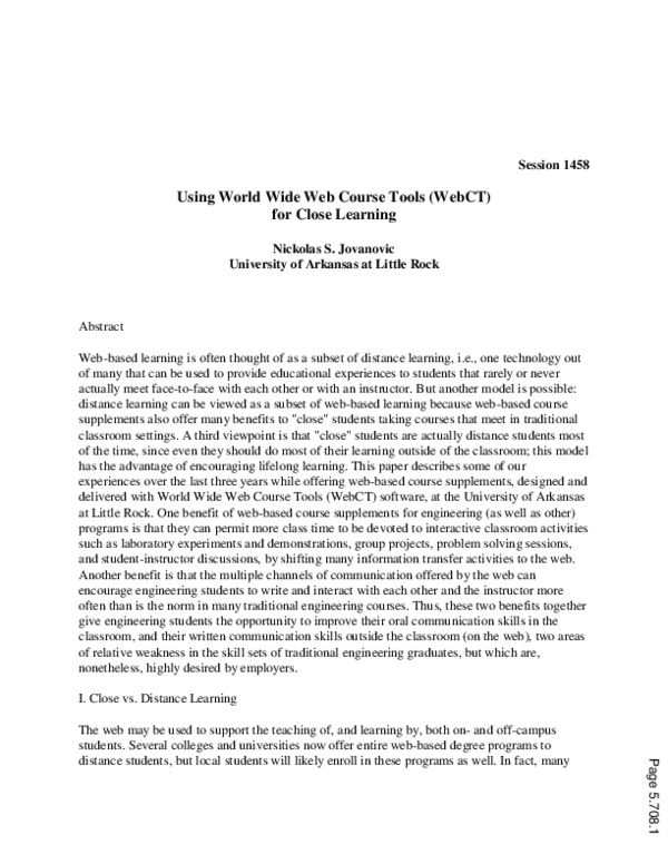 (PDF) Using World Wide Web Course Tools (Web Ct) For Close Learning