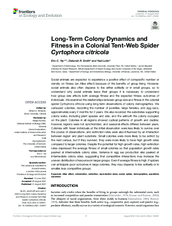 (PDF) Long-Term Colony Dynamics and Fitness in a Colonial Tent-Web ...