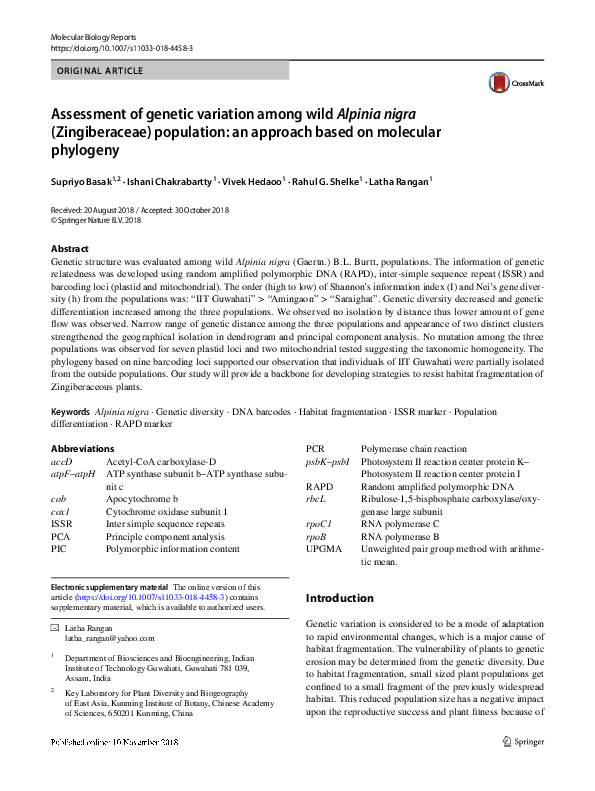 (PDF) Assessment of genetic variation among wild Alpinia nigra ...