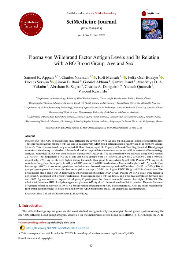 (PDF) Plasma von Willebrand Factor Antigen Levels and Its Relation with ...