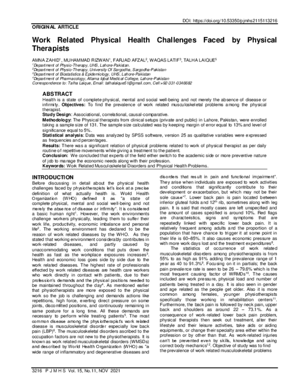 (PDF) Work Related Physical Health Challenges Faced by Physical Therapists