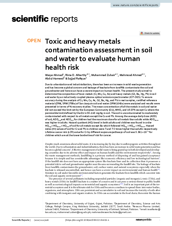 (PDF) Toxic and heavy metals contamination assessment in soil and water ...