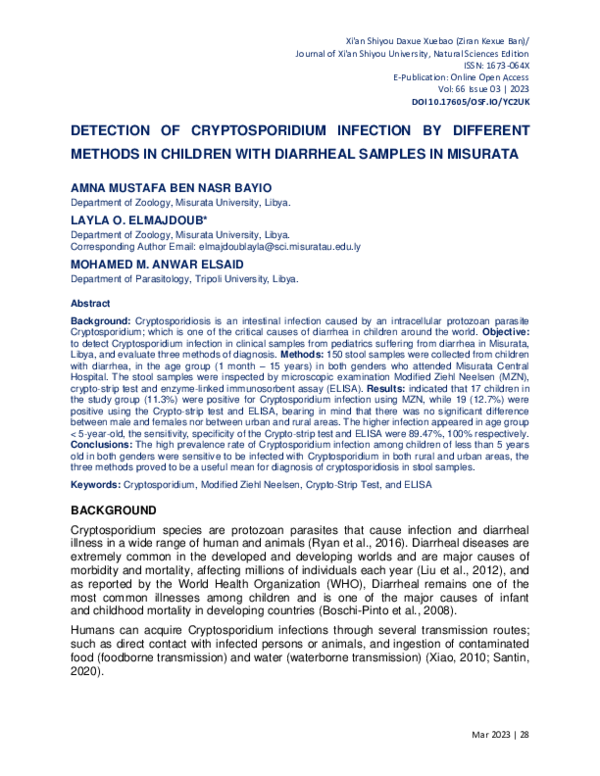 (PDF) DETECTION OF CRYPTOSPORIDIUM INFECTION BY DIFFERENT METHODS IN ...