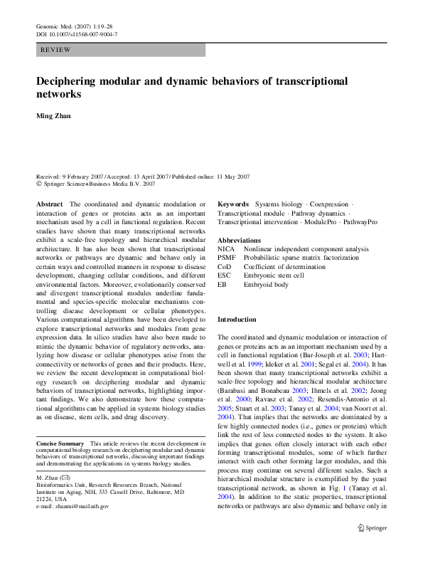 (PDF) Deciphering modular and dynamic behaviors of transcriptional networks