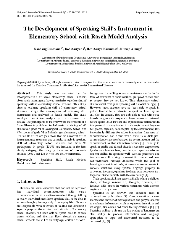 (PDF) The Development of Speaking Skill's Instrument in Elementary ...