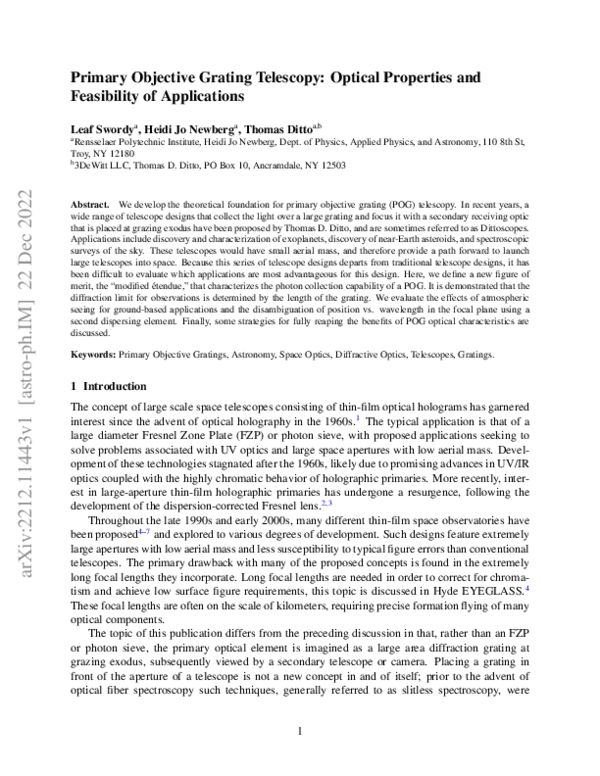 (PDF) Primary Objective Grating Telescopy: Optical Properties and ...