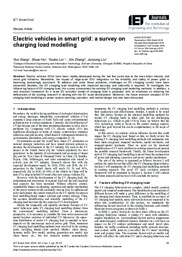 (PDF) Electric vehicles in smart grid: a survey on charging load modelling