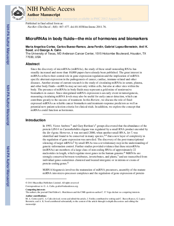 (PDF) MicroRNAs in body fluids—the mix of hormones and biomarkers